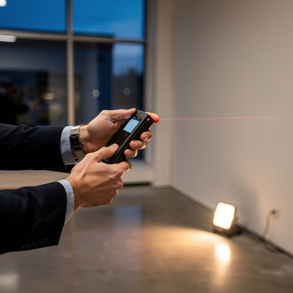 A broker's hands holding a laser measure against the bare wall of a vacant retail unit