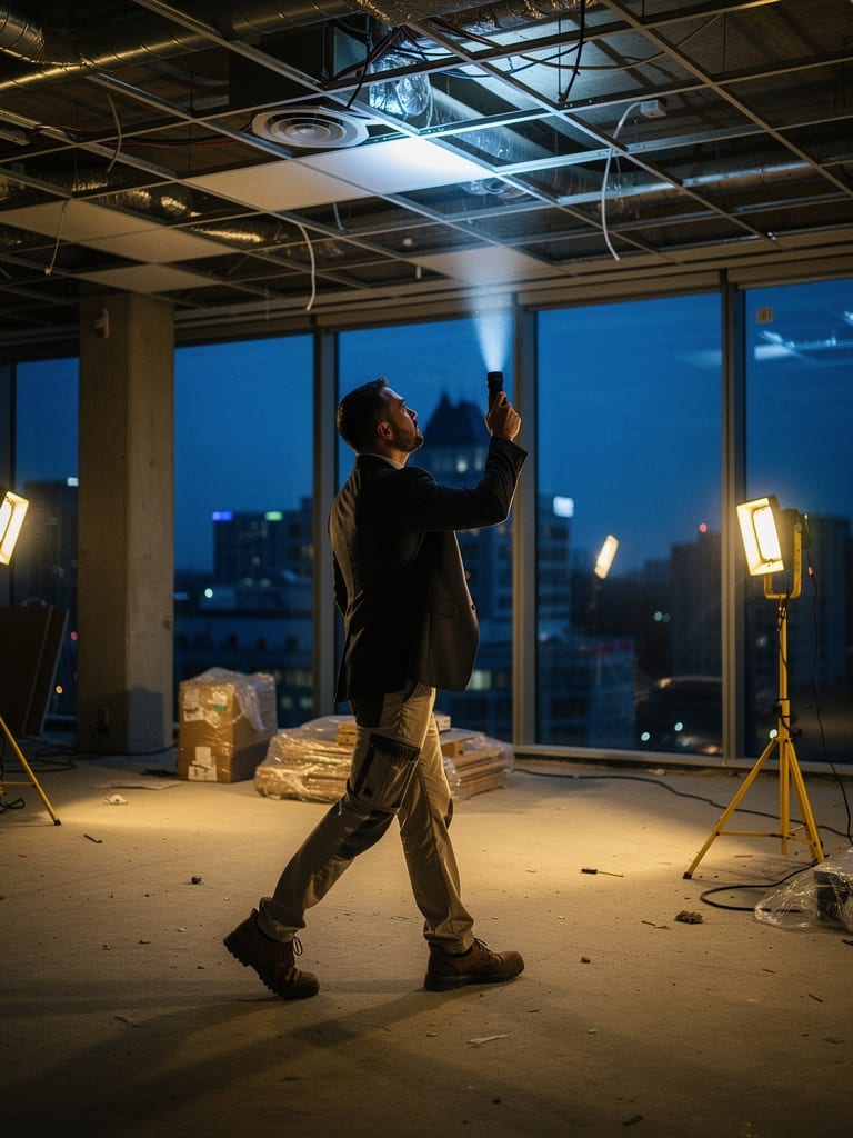 A property manager inspecting the ceiling of an empty office floor with a flashlight
