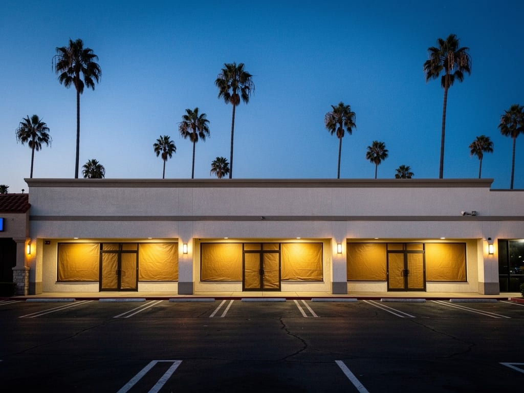 A quiet palm-lined retail strip center in Southern California at dusk, some storefronts glowing warm