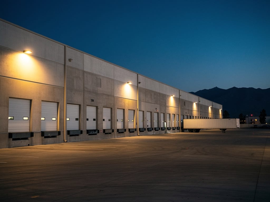 A row of loading docks along a large Inland Empire warehouse at dusk, lit by warm lamps over each door