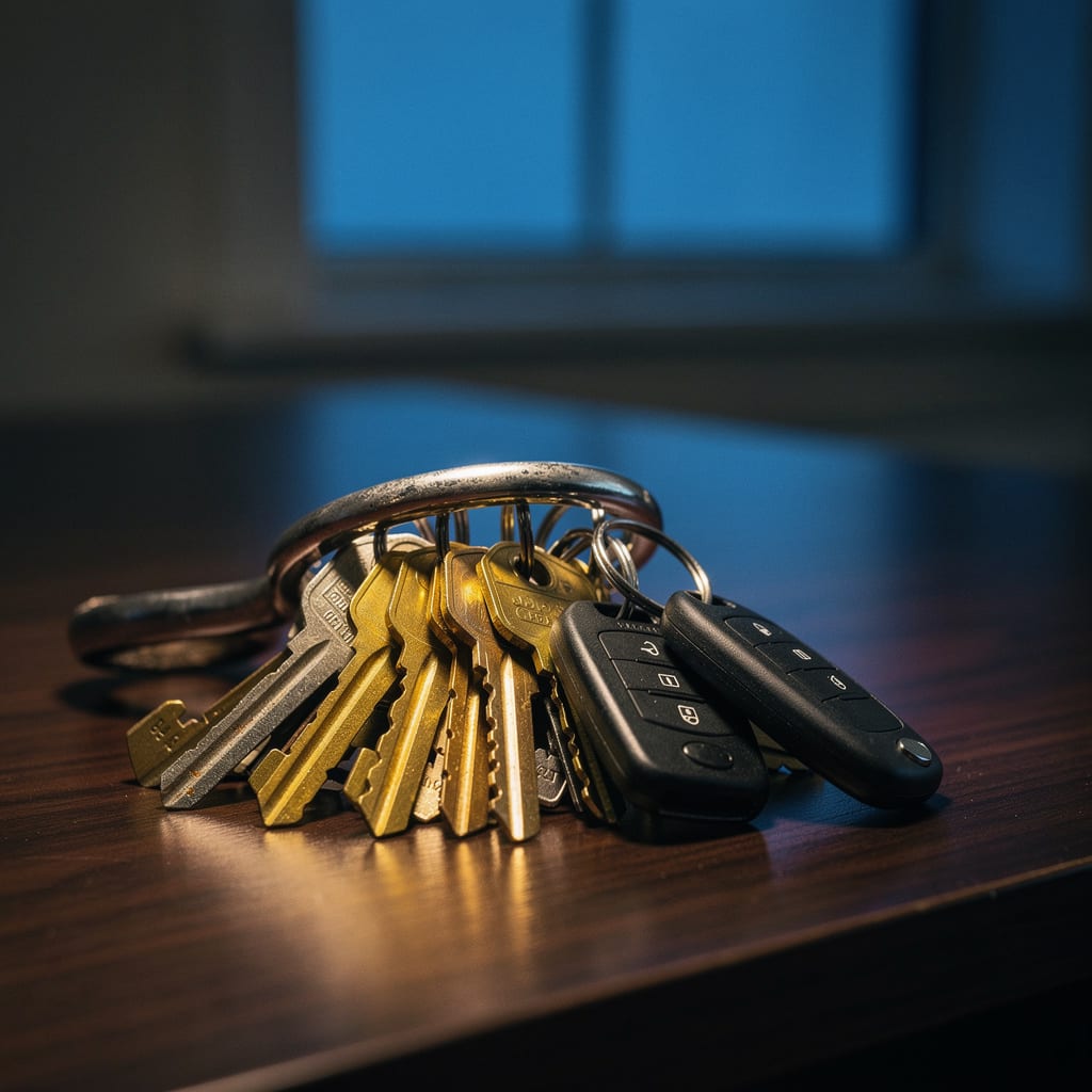 A heavy ring of brass keys and access fobs resting on a dark wooden desk in warm lamplight
