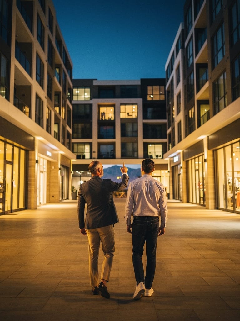 An adviser and an investor, seen from behind, walking a new mixed-use courtyard in Las Vegas at dusk